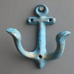 KiaoTime Set of 2 Blue Vintage Rustic Cast Iron Nautical Anchor Design Wall Hooks Coat Hooks Rack, Decorative Wall Mounted Antique Shabby Chic Metal Home Bath Room Towel Coat Hooks Hanger