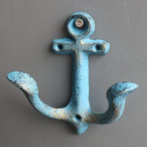 KiaoTime Set of 2 Blue Vintage Rustic Cast Iron Nautical Anchor Design Wall Hooks Coat Hooks Rack, Decorative Wall Mounted Antique Shabby Chic Metal Home Bath Room Towel Coat Hooks Hanger