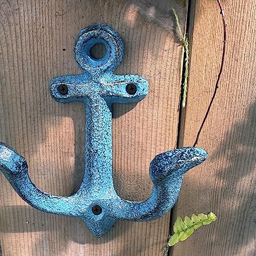 KiaoTime Set of 2 Blue Vintage Rustic Cast Iron Nautical Anchor Design Wall Hooks Coat Hooks Rack, Decorative Wall Mounted Antique Shabby Chic Metal Home Bath Room Towel Coat Hooks Hanger