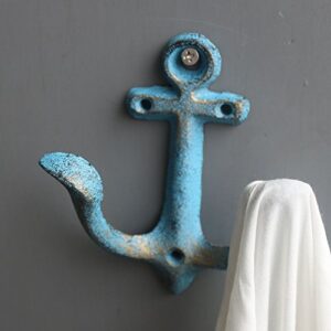 KiaoTime Set of 2 Blue Vintage Rustic Cast Iron Nautical Anchor Design Wall Hooks Coat Hooks Rack, Decorative Wall Mounted Antique Shabby Chic Metal Home Bath Room Towel Coat Hooks Hanger