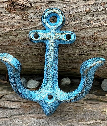 KiaoTime Set of 2 Blue Vintage Rustic Cast Iron Nautical Anchor Design Wall Hooks Coat Hooks Rack, Decorative Wall Mounted Antique Shabby Chic Metal Home Bath Room Towel Coat Hooks Hanger