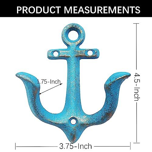 KiaoTime Set of 2 Blue Vintage Rustic Cast Iron Nautical Anchor Design Wall Hooks Coat Hooks Rack, Decorative Wall Mounted Antique Shabby Chic Metal Home Bath Room Towel Coat Hooks Hanger