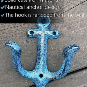 KiaoTime Set of 2 Blue Vintage Rustic Cast Iron Nautical Anchor Design Wall Hooks Coat Hooks Rack, Decorative Wall Mounted Antique Shabby Chic Metal Home Bath Room Towel Coat Hooks Hanger