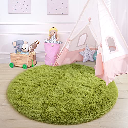 junovo Round Rug 4x4 Feet Fluffy Soft Area Rugs for Kids Girls Room Princess Castle Plush Shaggy Carpet Cute Circle Nursery Rug for Kids Girls Bedroom Baby Room Home Decor Circular Carpet, Green