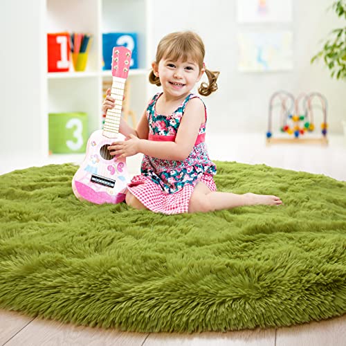 junovo Round Rug 4x4 Feet Fluffy Soft Area Rugs for Kids Girls Room Princess Castle Plush Shaggy Carpet Cute Circle Nursery Rug for Kids Girls Bedroom Baby Room Home Decor Circular Carpet, Green