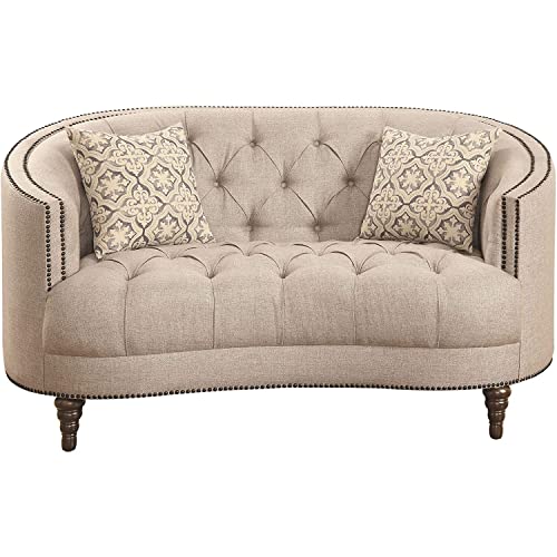 Coaster Furniture Avonlea Loveseat with Button Tufting and Nailhead Trim Beige Stone Grey 505642