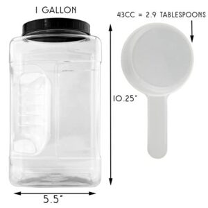 Cornucopia Square Gallon Size Clear Plastic Canisters (2-Pack); 4-Quart Jar Grip Containers w/ Plastic Scoops; BPA-Free