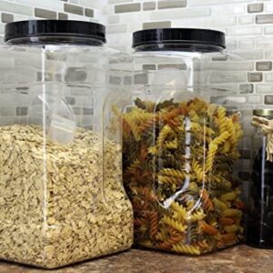 Cornucopia Square Gallon Size Clear Plastic Canisters (2-Pack); 4-Quart Jar Grip Containers w/ Plastic Scoops; BPA-Free
