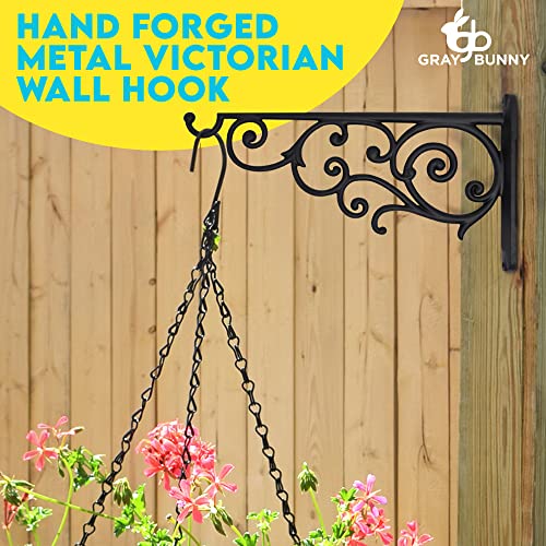 Gray Bunny Outdoor Plant Hanger Hook, 14” Large Victorian Heavy Duty Iron Wall Hooks for Bird Feeders, Lanterns, Wind Chimes, Patio Decor - Black