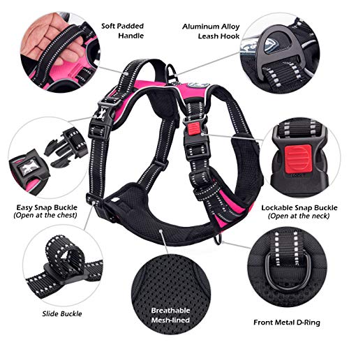 PoyPet No Pull Dog Harness, No Choke Front Clip Dog Reflective Harness, Adjustable Soft Padded Pet Vest with Easy Control Handle for Small to Large Dogs(Pink,M)