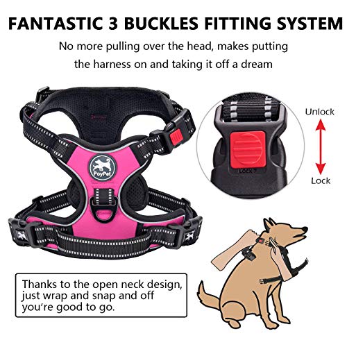 PoyPet No Pull Dog Harness, No Choke Front Clip Dog Reflective Harness, Adjustable Soft Padded Pet Vest with Easy Control Handle for Small to Large Dogs(Pink,M)