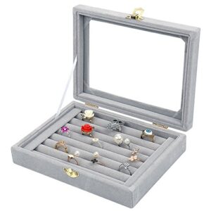 velvet glass jewelry ring display stand storage box ring earrings jewelry box ring holder case (grey)