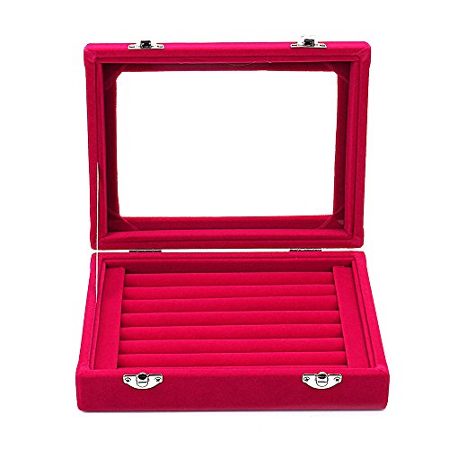 GSLSTGS Velvet Glass Jewelry Display Storage Box Ring Earrings Jewelry Box Ring Holder Case, 2 clasps (Red)