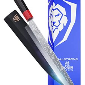 Dalstrong Ronin Series Japanese AUS-10V Damascus Steel Yanagiba Sushi Kitchen Knife with Red & Black G10 Handle, 10.5 Inches, Sheath Included