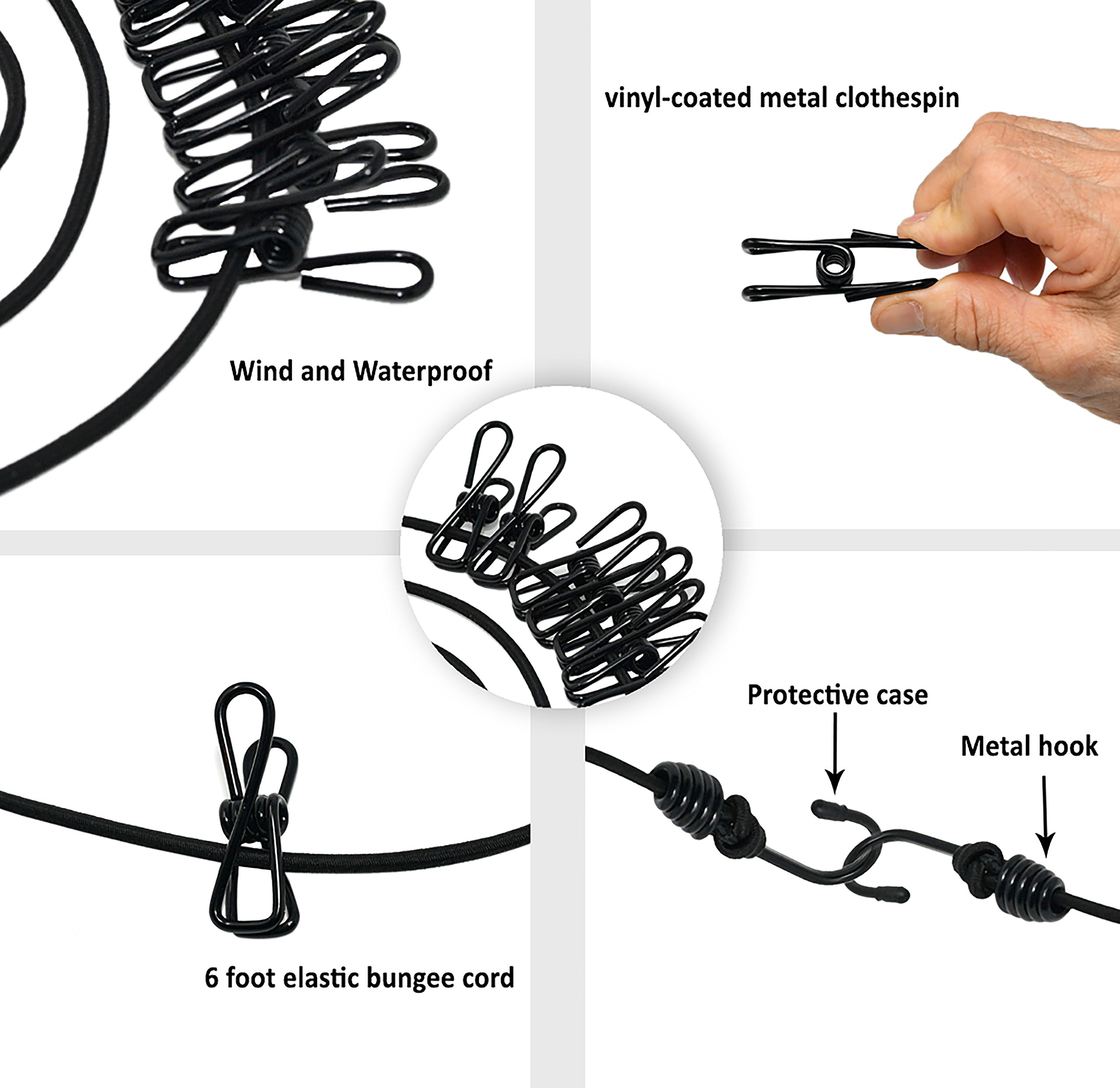 Home-X Portable Travel Bungee Clothesline 10pcs Clothespin, Travel Elastic Clothesline Camping Clothes Lines Adjustable Clothes Rope Portable Clothesline with Clips for Outdoor Wind-Proof Clothesline