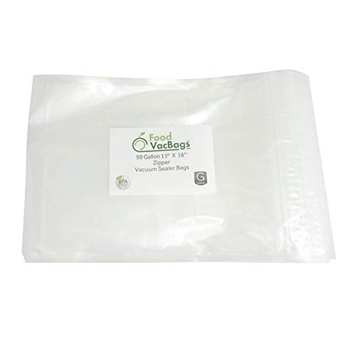 Zipper Vacuum Seal Bags (50 count), FoodVacBags compatible with Weston®, Foodsaver®, Heavy-duty Commercial Storage, Clear (Gallon 11" X 16")