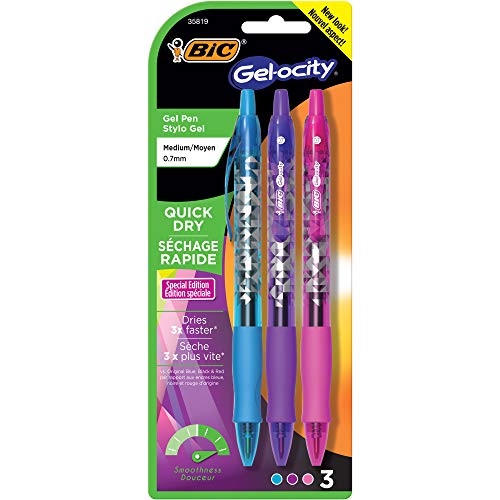 BIC Gel-ocity Quick Dry Special Edition Fashion Gel Pen, Medium Point (0.7mm), Assorted Fashion Colors, 3-Coun