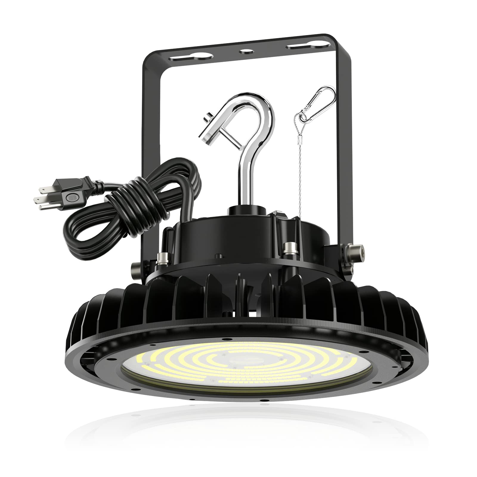 Adiding UFO LED High Bay Light 150W Bright 170LM/W DLC Listed 25,500LM 0-10V Dimmable Shop Light AC100-277V with 6.56ft US Plug Power Cable, Rotatable Bracket for Barn, Warehouse, Workshop, Storage