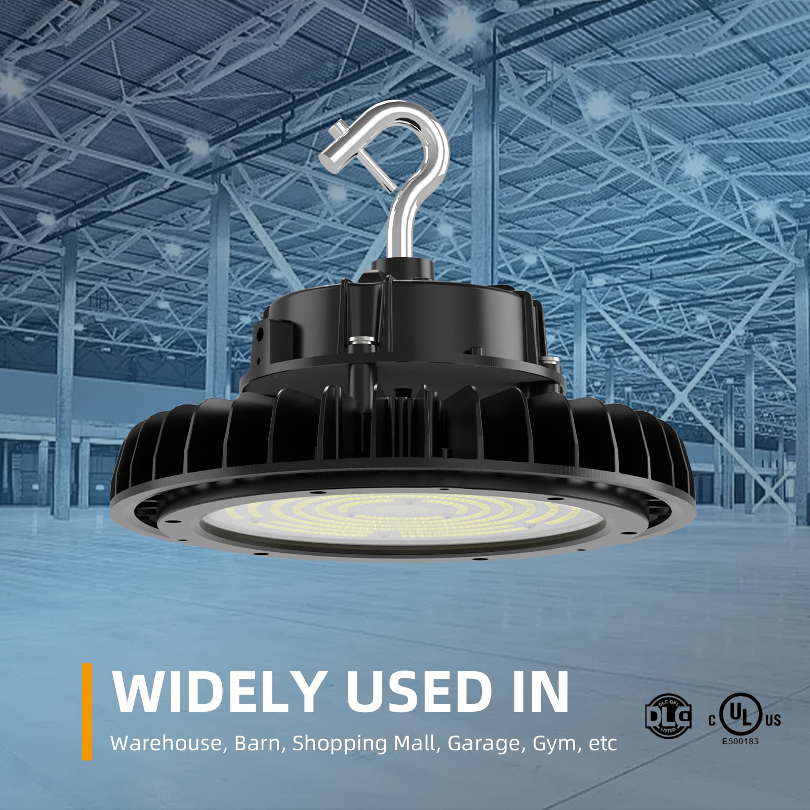 Adiding UFO LED High Bay Light 150W Bright 170LM/W DLC Listed 25,500LM 0-10V Dimmable Shop Light AC100-277V with 6.56ft US Plug Power Cable, Rotatable Bracket for Barn, Warehouse, Workshop, Storage