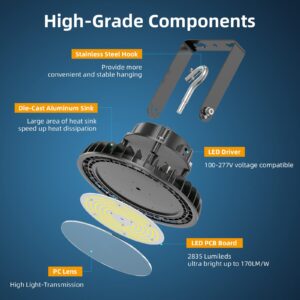 Adiding UFO LED High Bay Light 150W Bright 170LM/W DLC Listed 25,500LM 0-10V Dimmable Shop Light AC100-277V with 6.56ft US Plug Power Cable, Rotatable Bracket for Barn, Warehouse, Workshop, Storage