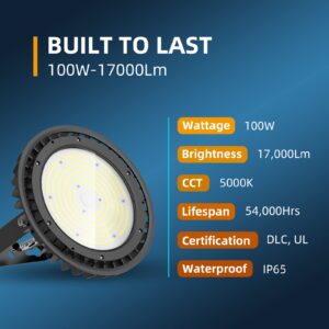 Adiding UFO LED High Bay Light 150W Bright 170LM/W DLC Listed 25,500LM 0-10V Dimmable Shop Light AC100-277V with 6.56ft US Plug Power Cable, Rotatable Bracket for Barn, Warehouse, Workshop, Storage