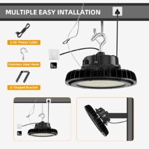 Adiding UFO LED High Bay Light 150W Bright 170LM/W DLC Listed 25,500LM 0-10V Dimmable Shop Light AC100-277V with 6.56ft US Plug Power Cable, Rotatable Bracket for Barn, Warehouse, Workshop, Storage