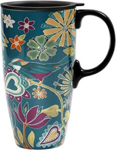 topadorn coffee ceramic mug porcelain latte tea cup with lid 17oz. floral symphony, green bird