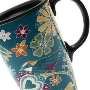 Topadorn Coffee Ceramic Mug Porcelain Latte Tea Cup With Lid 17oz. Floral Symphony, Green Bird