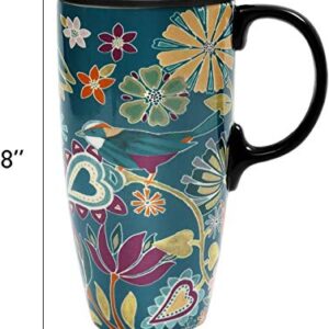 Topadorn Coffee Ceramic Mug Porcelain Latte Tea Cup With Lid 17oz. Floral Symphony, Green Bird