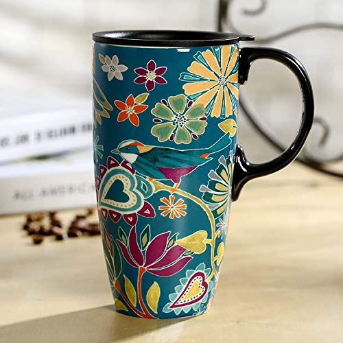 Topadorn Coffee Ceramic Mug Porcelain Latte Tea Cup With Lid 17oz. Floral Symphony, Green Bird