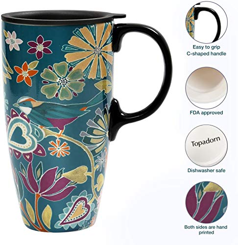 Topadorn Coffee Ceramic Mug Porcelain Latte Tea Cup With Lid 17oz. Floral Symphony, Green Bird