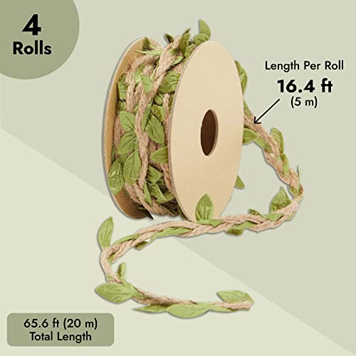 4 Rolls of Burlap Leaf Ribbon, 65.6 Feet Green Vine Twine for Jungle Safari Birthday Party, Baby Shower, Home Decorations, Gift Wrapping