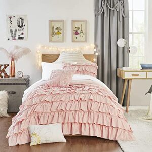 intelligent design cozy comforter casual waterfall multi layer ruffle all season, hypoallergenic cover, soft bedding set with matching sham, decorative pillow, twin/twin xl(68"x90"), blush