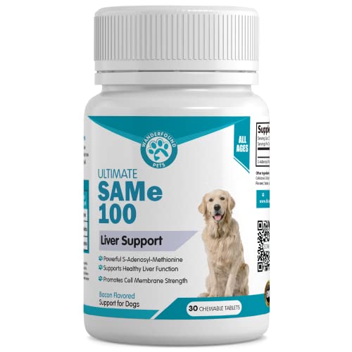 Wanderfound Pets Same 100 Liver Support for Dogs - Same S-Adenosyl-L-Methionine Hepatic Supplement for Liver & Brain Support - Bacon Flavored Sam E, Manufactured in The USA - 30 Chewable Tablets