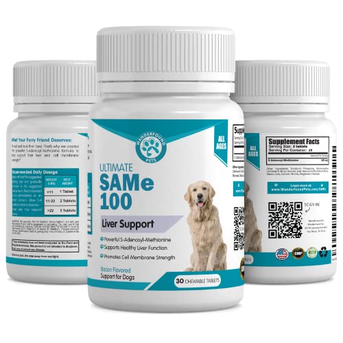 Wanderfound Pets Same 100 Liver Support for Dogs - Same S-Adenosyl-L-Methionine Hepatic Supplement for Liver & Brain Support - Bacon Flavored Sam E, Manufactured in The USA - 30 Chewable Tablets