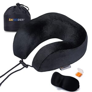 SAIREIDER Neck Pillows for Travel 100% Memory Foam Adjustable Travel Pillows with Storage Bag, Sleep Mask and Earplugs-Prevent The Heads from Falling Forward (Black)