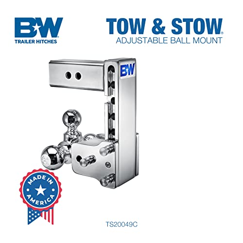 B&W Trailer Hitches Chrome Tow & Stow Adjustable Trailer Hitch Ball Mount - Fits 2.5" Receiver, Tri-Ball (1-7/8" x 2" x 2-5/16"), 7" Drop, 14,500 GTW - TS20049C