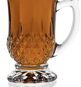 Red Co. 6-Pack Classic Clear Cut Glass 4.5 Oz Footed Turkish Tea Cups with Handles, Etched Design