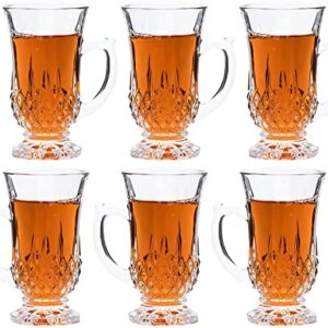 Red Co. 6-Pack Classic Clear Cut Glass 4.5 Oz Footed Turkish Tea Cups with Handles, Etched Design