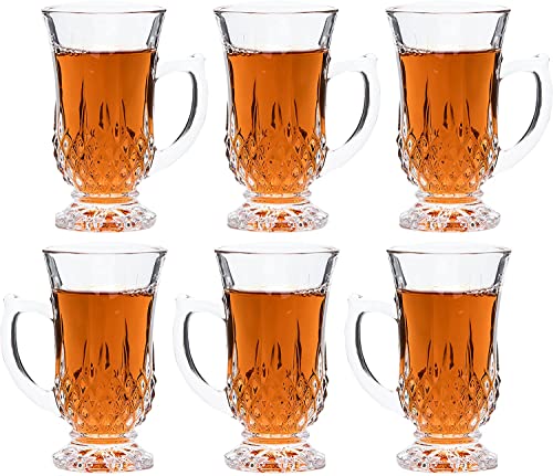 Red Co. 6-Pack Classic Clear Cut Glass 4.5 Oz Footed Turkish Tea Cups with Handles, Etched Design