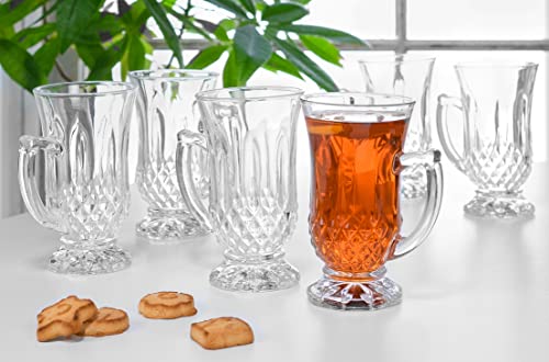 Red Co. 6-Pack Classic Clear Cut Glass 4.5 Oz Footed Turkish Tea Cups with Handles, Etched Design