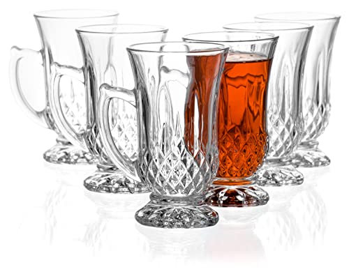 Red Co. 6-Pack Classic Clear Cut Glass 4.5 Oz Footed Turkish Tea Cups with Handles, Etched Design