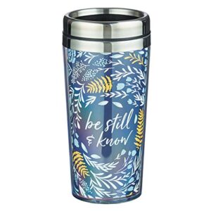 be still and know psalm 46:10 navy travel coffee mug thermal tumbler with design wrap, lid and stainless steel interior (16oz vacuum insulated break resistant polymer exterior)