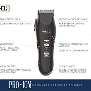 WAHL Pro Ion Cord/Cordless Horse Trimmer, Rechargeable Equine Trimmers, Maintaining Horse’s Face, Ears, Bridlepath and Legs, Low Noise Cordless Pet Clippers, Ergonomic and Light, Grooming Kit