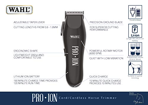 WAHL Pro Ion Cord/Cordless Horse Trimmer, Rechargeable Equine Trimmers, Maintaining Horse’s Face, Ears, Bridlepath and Legs, Low Noise Cordless Pet Clippers, Ergonomic and Light, Grooming Kit