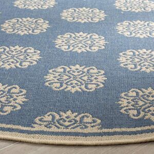 SAFAVIEH Linden Collection 6'7'' Round Cream/Blue LND181N Geometric Indoor/ Outdoor Non-Shedding Easy scrubbing Patio Backyard Porch Deck Mudroom Area-Rug