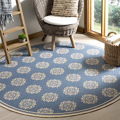 SAFAVIEH Linden Collection 6'7'' Round Cream/Blue LND181N Geometric Indoor/ Outdoor Non-Shedding Easy scrubbing Patio Backyard Porch Deck Mudroom Area-Rug