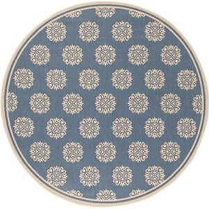 SAFAVIEH Linden Collection 6'7'' Round Cream/Blue LND181N Geometric Indoor/ Outdoor Non-Shedding Easy scrubbing Patio Backyard Porch Deck Mudroom Area-Rug