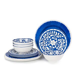 Melamine Dinnerware Set - 12 Pcs Dinner Dishes Set for Outdoor Use, Dishwasher Safe, Unbreakable, Blue