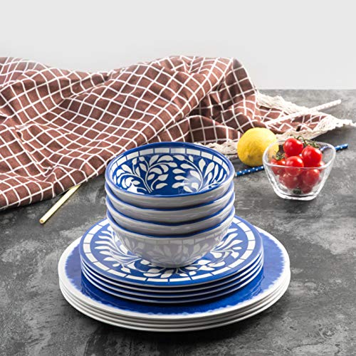 Melamine Dinnerware Set - 12 Pcs Dinner Dishes Set for Outdoor Use, Dishwasher Safe, Unbreakable, Blue